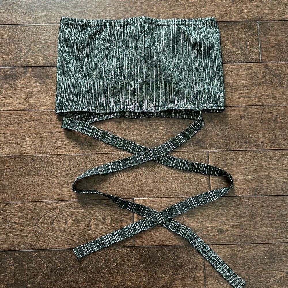 Y2K Cheryl Creations Black & Silver Crop Strapless Tube Top Waist Wrap Vintage